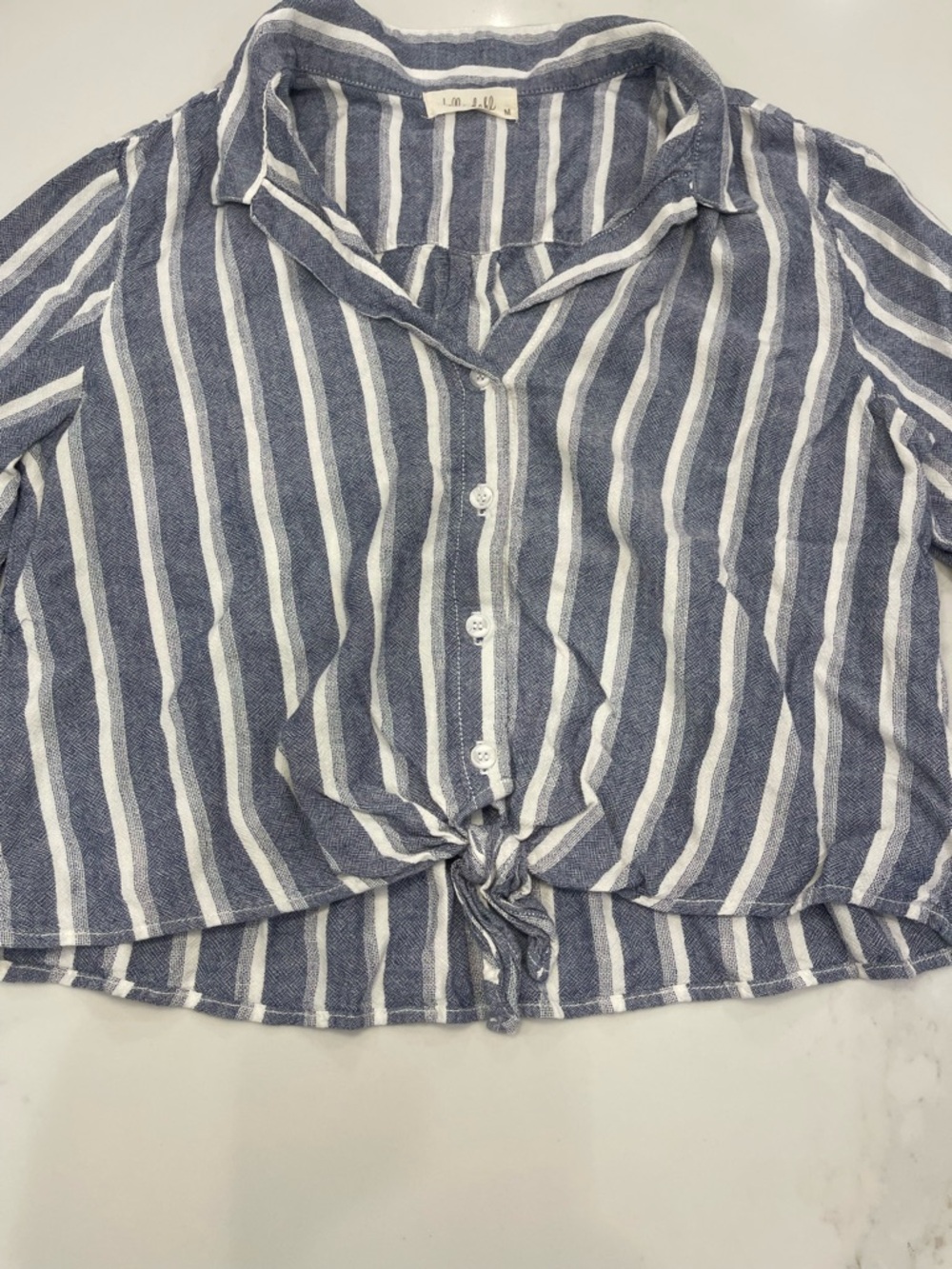 Like NEW! Bella Dahl Striped Button-Front Tie Hem Top - Blue & White - Picture 3 of 16